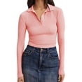 thumbnail image 4 of Long Sleeve Solid Color Women V-neck Slim Fit Polo Shirt, 4 of 5