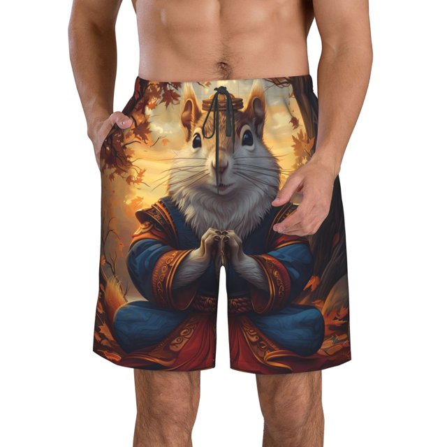 Balery Maple Leaf Meditating Squirrel Traje de Baño Estilo Hawaiano para Hombre, Shorts de Secado Rápido con Bolsillos-Medium