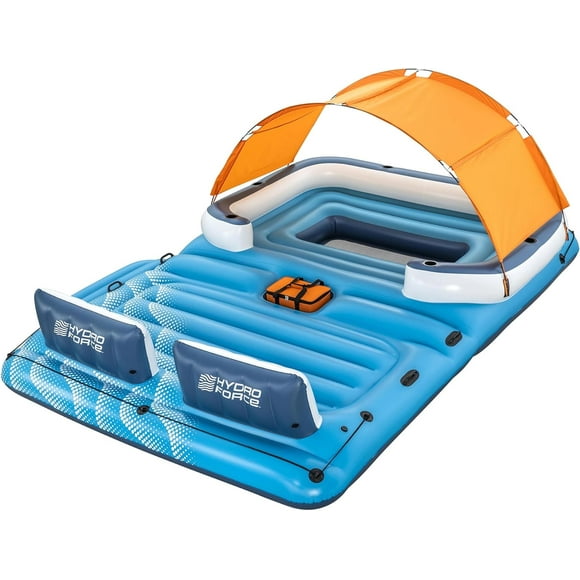 Blue/OrangeCoolerZ Tropical Breeze 6 Person Inflatable Party Island Large Relaxing Water Float with Detachable Sunshade and Cooler Bag