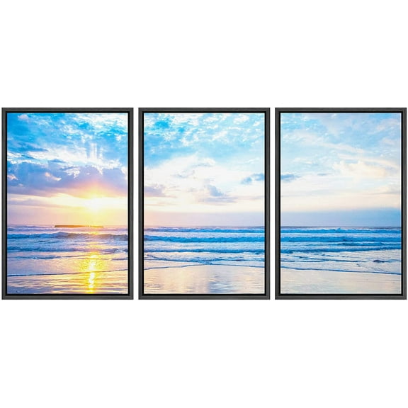 wall26 Framed Canvas Print Wall Art Set Pastel Sunshine Ocean Sea Beach Shore Nature Wilderness Photography Realism Decorative Landscape Colorful for Living Room, Bedroom, Office - 24"x36"x