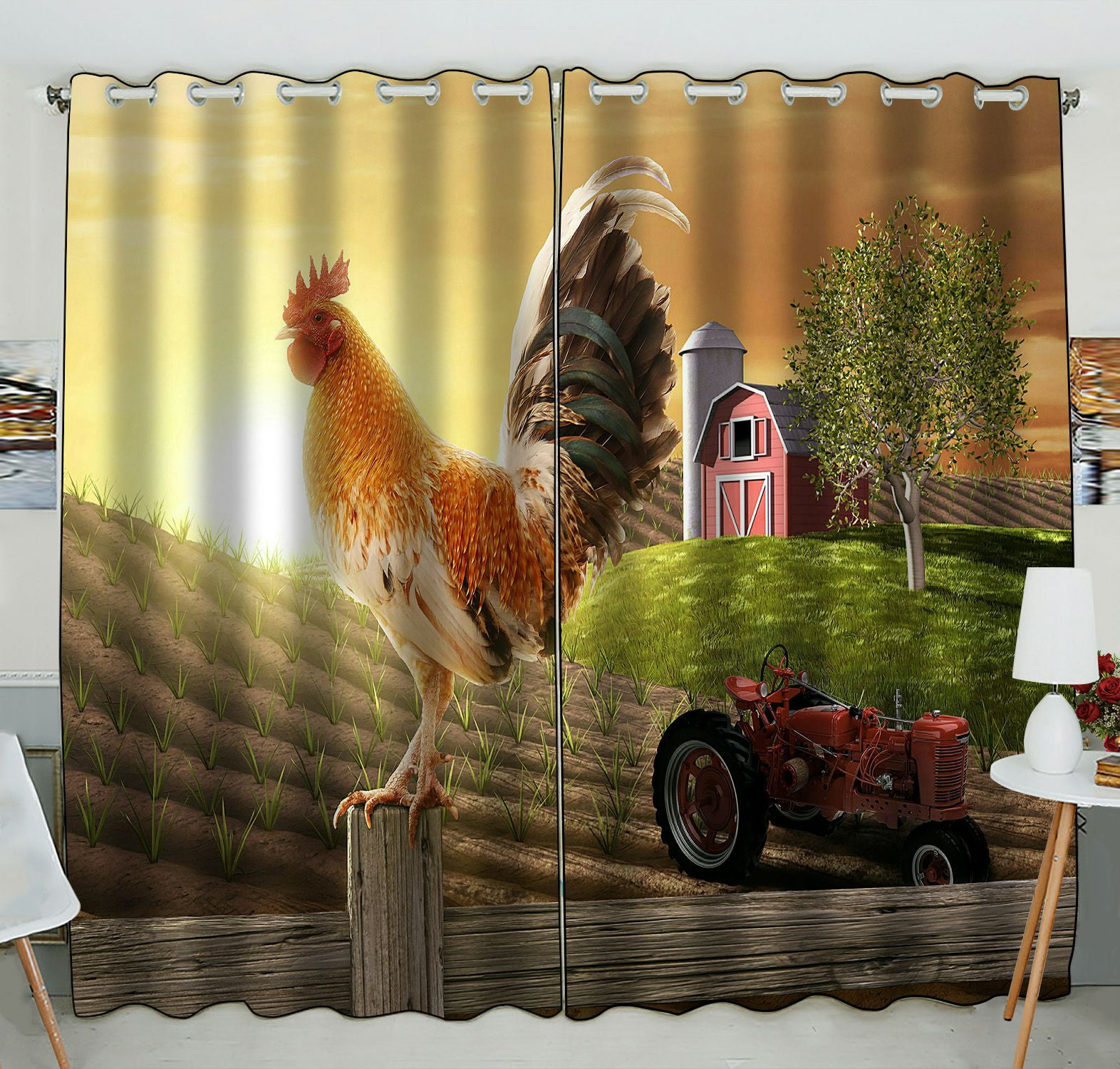 ABPHQTO Rooster Perched Farm Fence Post Sun Rises Window Curtain ...