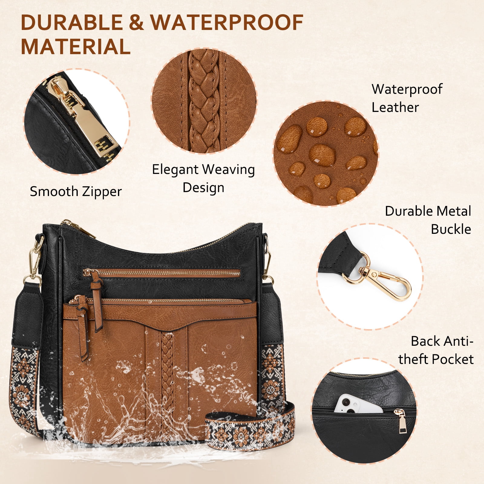 RAINSMORE Crossbody Bags for Women Leather Shoulder Handbags Trendy Crossbody Purses Soft Lightweight Travel Purse,BlackBrown