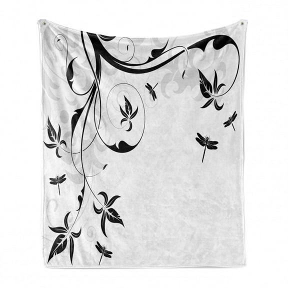 Dragonfly Soft Flannel Fleece Throw Blanket, Swirled Floral Background Damask Curl Branches and Leaves Print, Cozy Plush for Indoor and Outdoor Use, 60" x 80", Pale Grey Black White, by Ambesonne