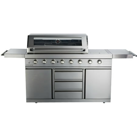 - Western Pacific 7 Foot BBQ Gas Grill Barbecue 8 Burner Zones 96,000 BTU's Rotisserie Cabinet Stainless Steel Blue LED Lights Cover