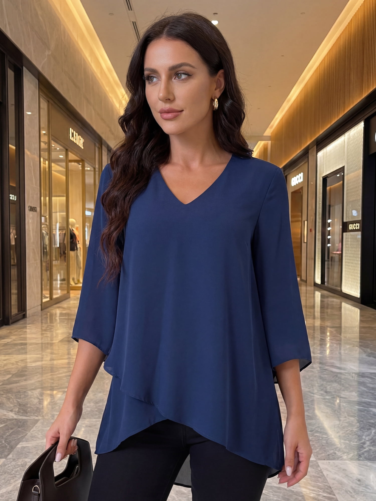 DARING DIVA Women's High Low Tops 3/4 Bell Sleeve V Neck Chiffon Blouse M Navy Blue