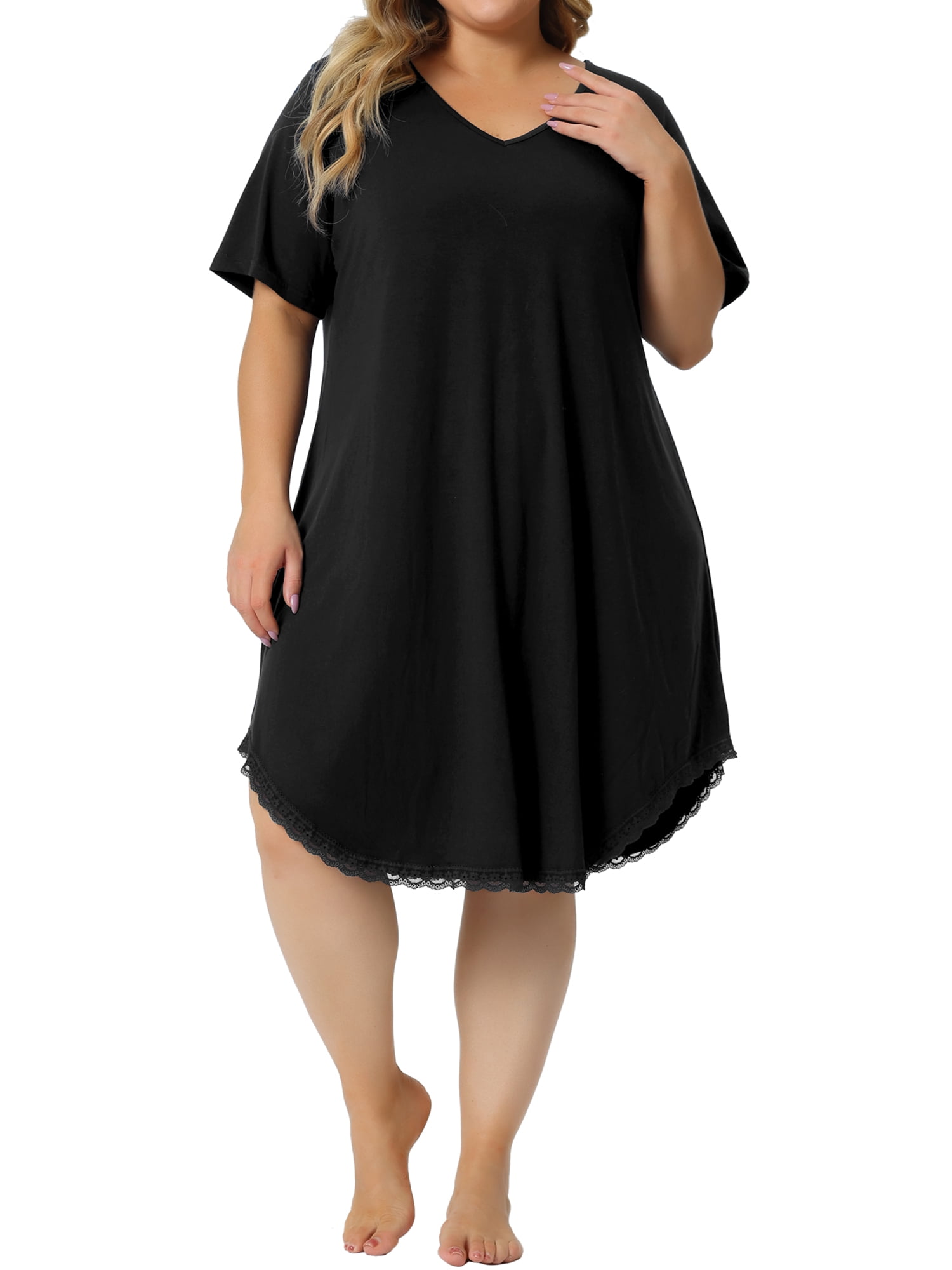 Unique Bargains Women's Plus Size V Neck Lace Trim Hem Loose Nightgown Sleepwear Pajamas 1X Black