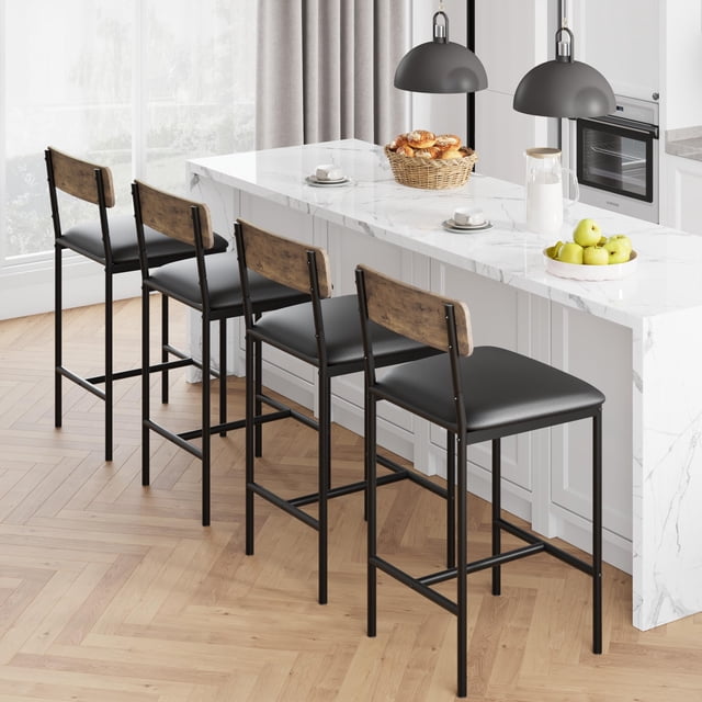 AKDSteel Bar Stools Set of 4, Upholstered Counter Height Bar Stools with Backrest and Footrest, Kitchen Barstools for Island, Counter Bar, Easy Assembly, Rustic Brown