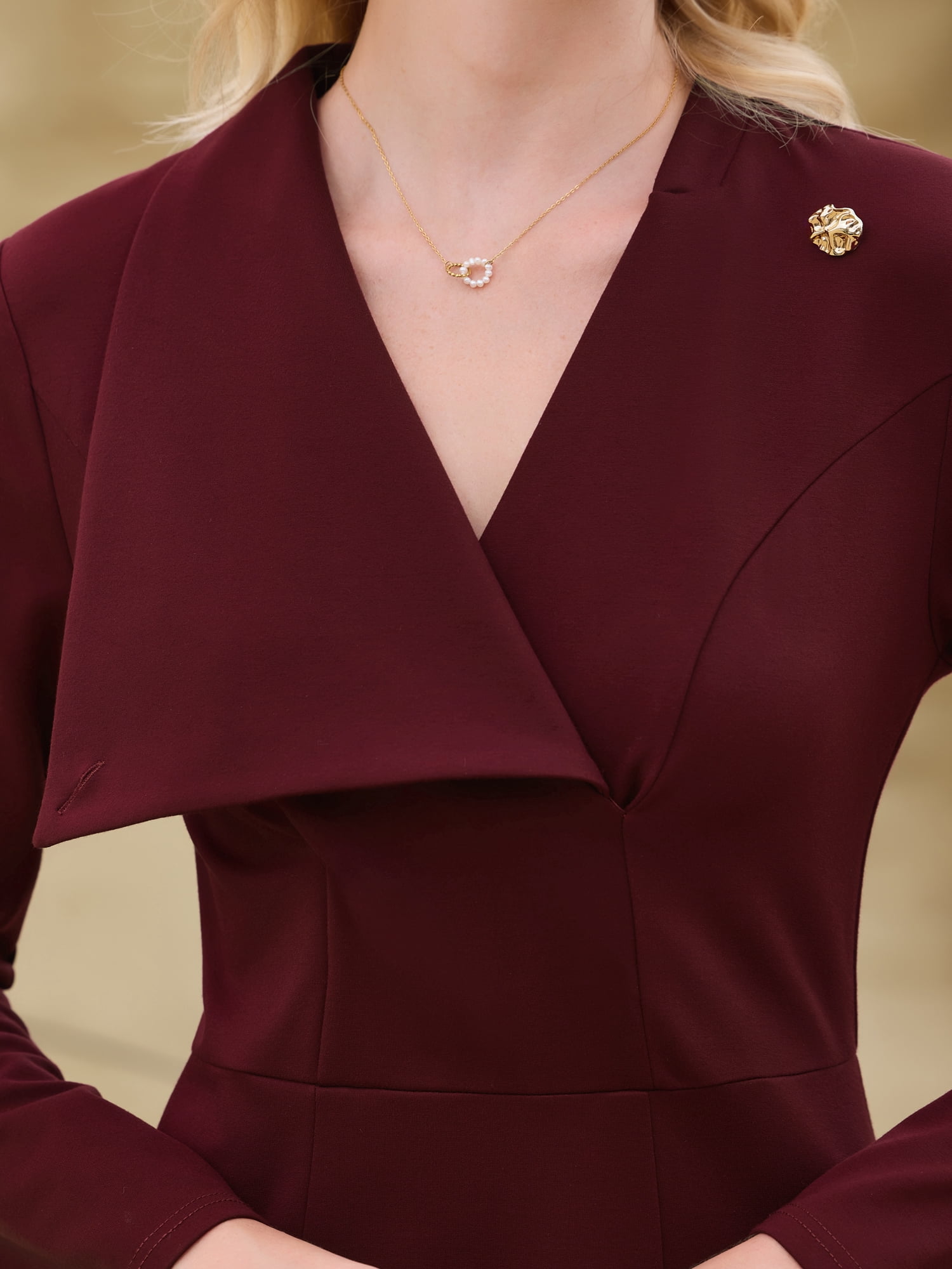 DARING DIVA Women's Elegant Pencil Dress Lapel V Neck Long Sleeve Dress XL Dark Red