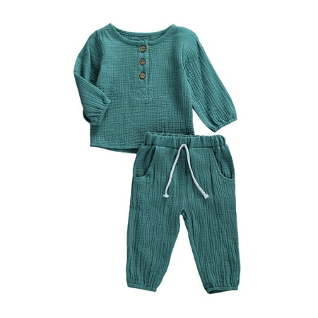 

Toddler Baby Girl Boy Cotton Linen Solid Color Pant Sets Long Sleeve Button Up Top+Drawstring Pants Outfit Set
