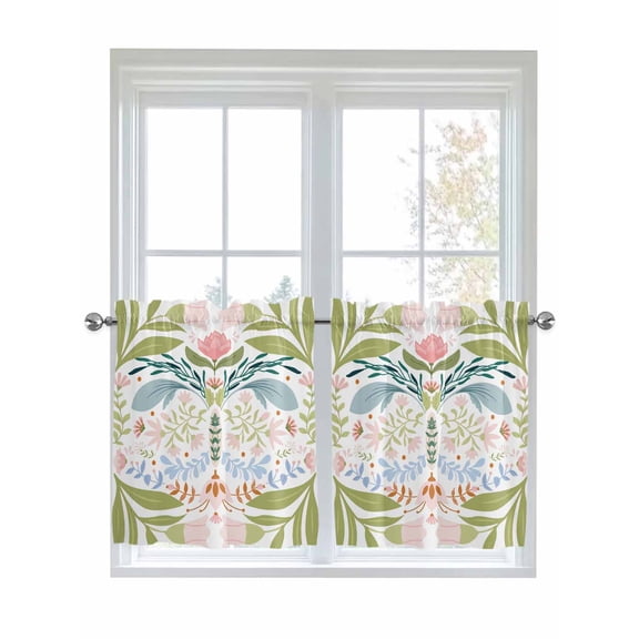 Half Window Curtain 36 Inches Long, Boho Green Flower Window Treatment Curtain Drapes, Botanical Watercolor Leaf Floral Small Tier Curtains for Bathroom Over Sink, 27.5"x36", 2 Panels