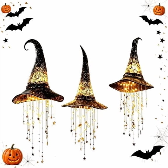 Lighted Witch Hat Hanging Chime, 3Pcs Glowing Star Halloween Decor with Moon and Star Charms, Hanging Witch Hat Ornament for Porch, Entryway, Patio and Indoor Seasonal Decoration