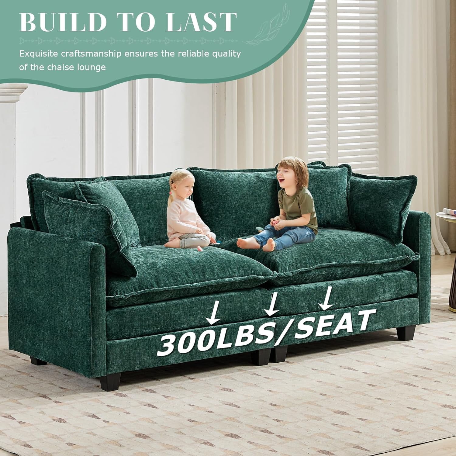 YWEN 77.95" Chenille Sectional Sofa, Comfy Modular Loveseat Sofa, Modern 2-Seat Couch Deep Seat Sofa Set for Living Room,Green