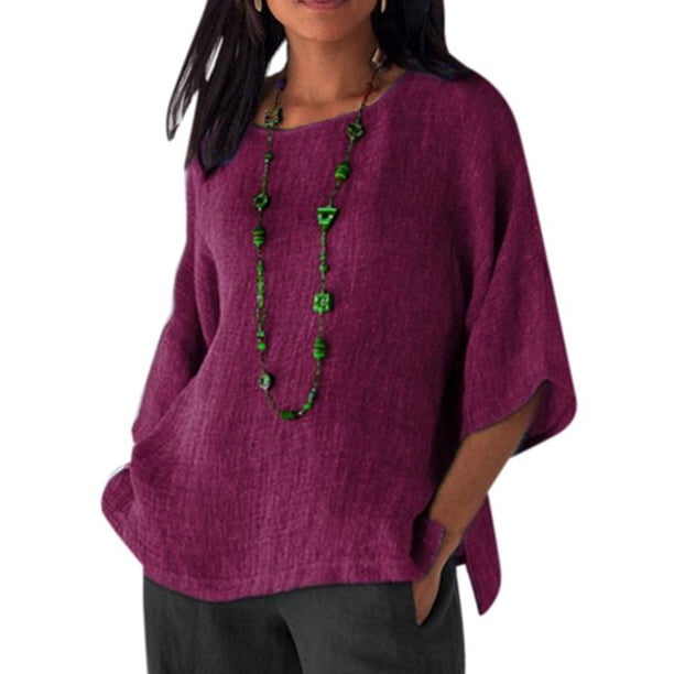 Qarigey Ropa de mujer Camisa de cuello de manga 3/4 Top casual de lino de algodón de manga 3/4 Prendas para la parte del cuerpo Violeta L