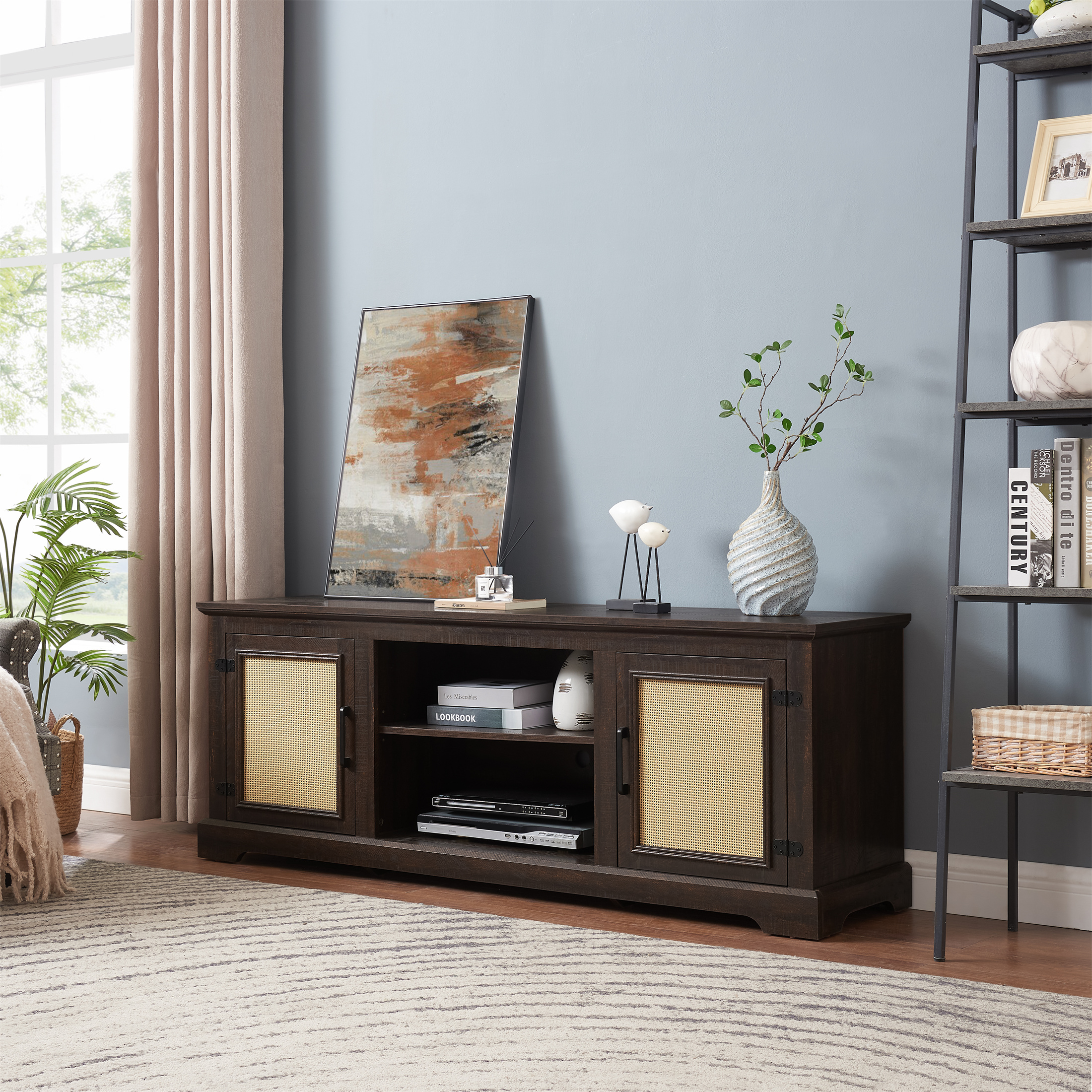 Aukfa Farmhouse TV Stand for TVs up to 70", 2 Natural Rattan Door Cabinets, Cherry