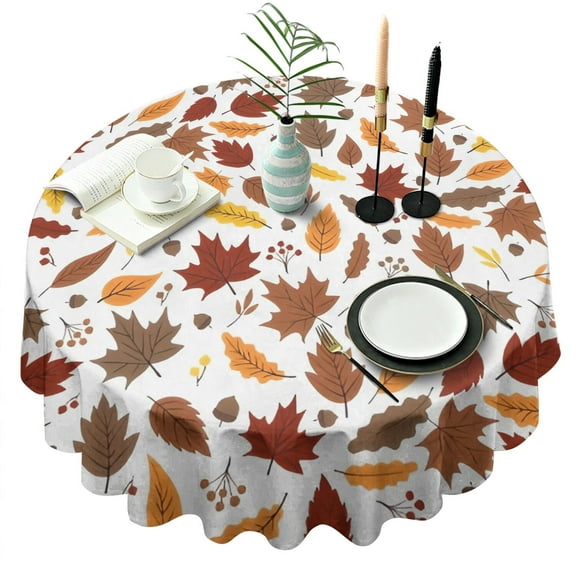 Autumn Fall Leaves Pattern Round Tablecloth 60" X 60",Wrinkle Wipeable Table Cloth for Kitchen Dining Room Picnic Patio Party