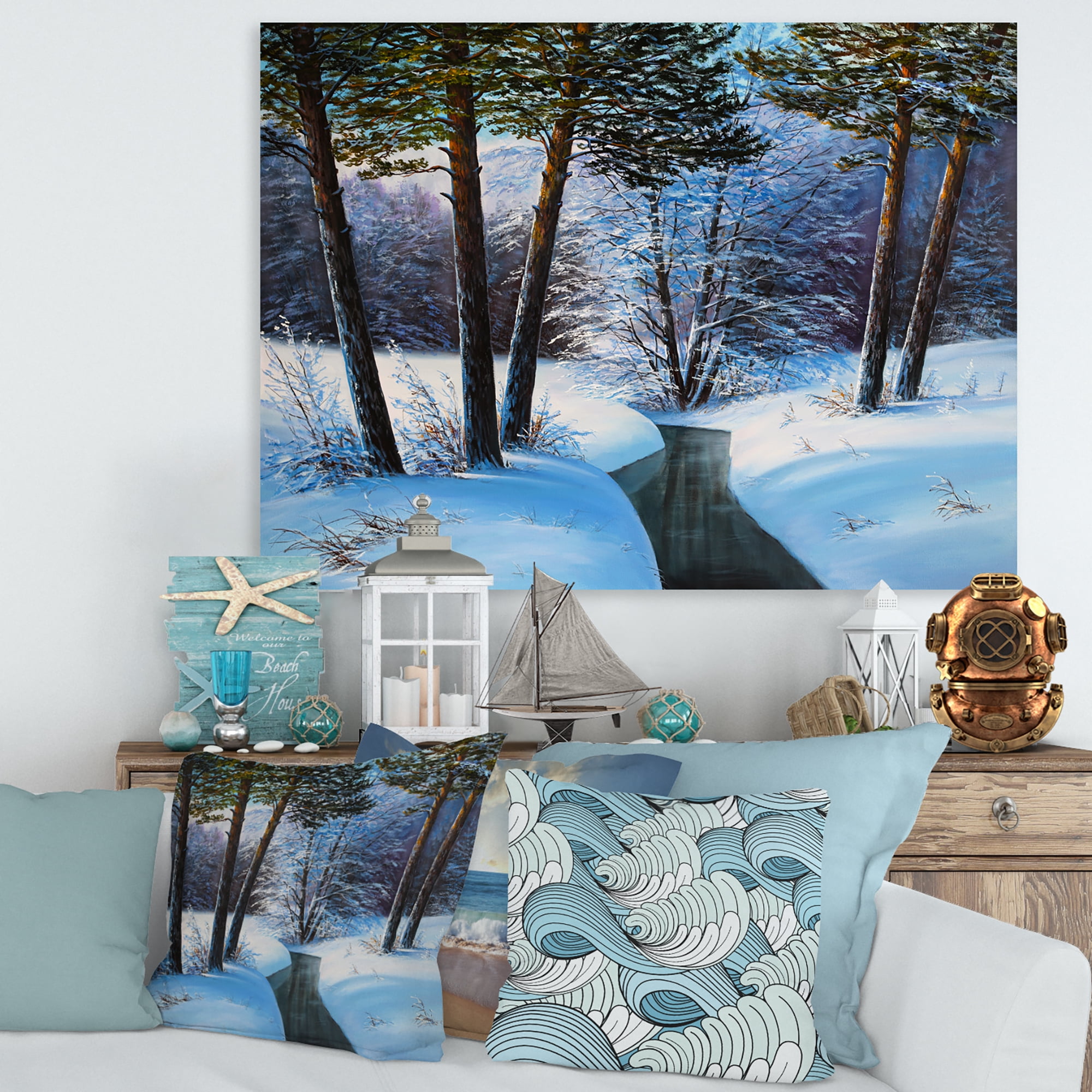 Designart ' Christmas Forest With Trees and River III ' Traditional Canvas Wall Art Print