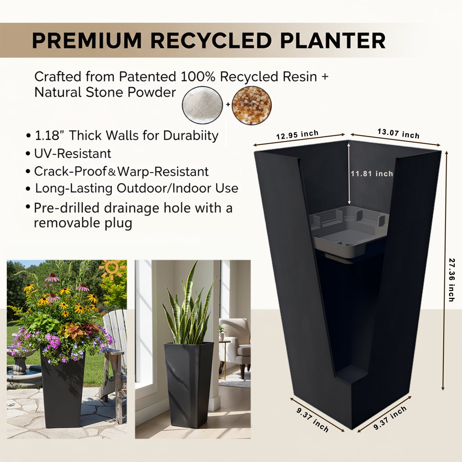 GreenShip 27 inch Large Outdoor Planter, Tall Planters for Outdoor Plants, Set of 2 Flower Pots with Drainage & Inner Shelf, Modern Decorative Garden Pots for Porch, Patio, Front Door