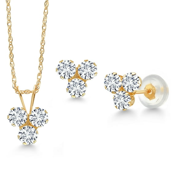 Gem Stone King 14K Yellow Gold White Lab Grown Diamond 3 Stone Pendant and Earrings Jewelry Set for Women (0.90 Cttw, Round 3MM, with 18 inch Chain)