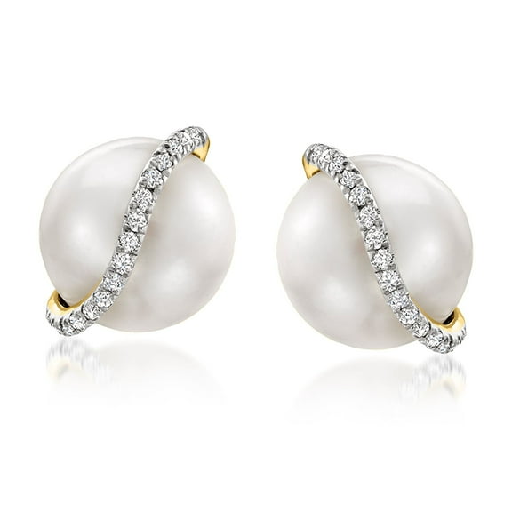 Ross-Simons 8-8.5mm Cultured Pearl Stud Earrings With Diamond Accents in 14kt Yellow Gold, Women's, Adult