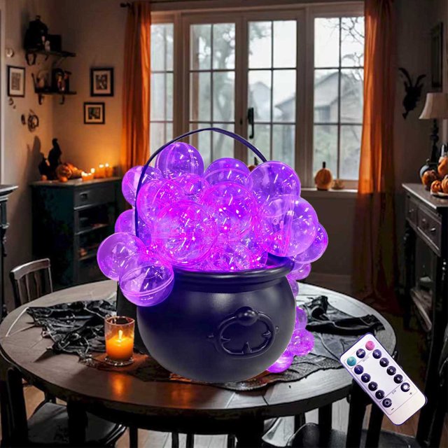 Set de ollas de frasco bruja Decoración luminosa de Halloween | Kit DIY para caldero burbujeante de 20 cm con luces LED controladas a distancia, adhesivo y adornos decorativos variados para