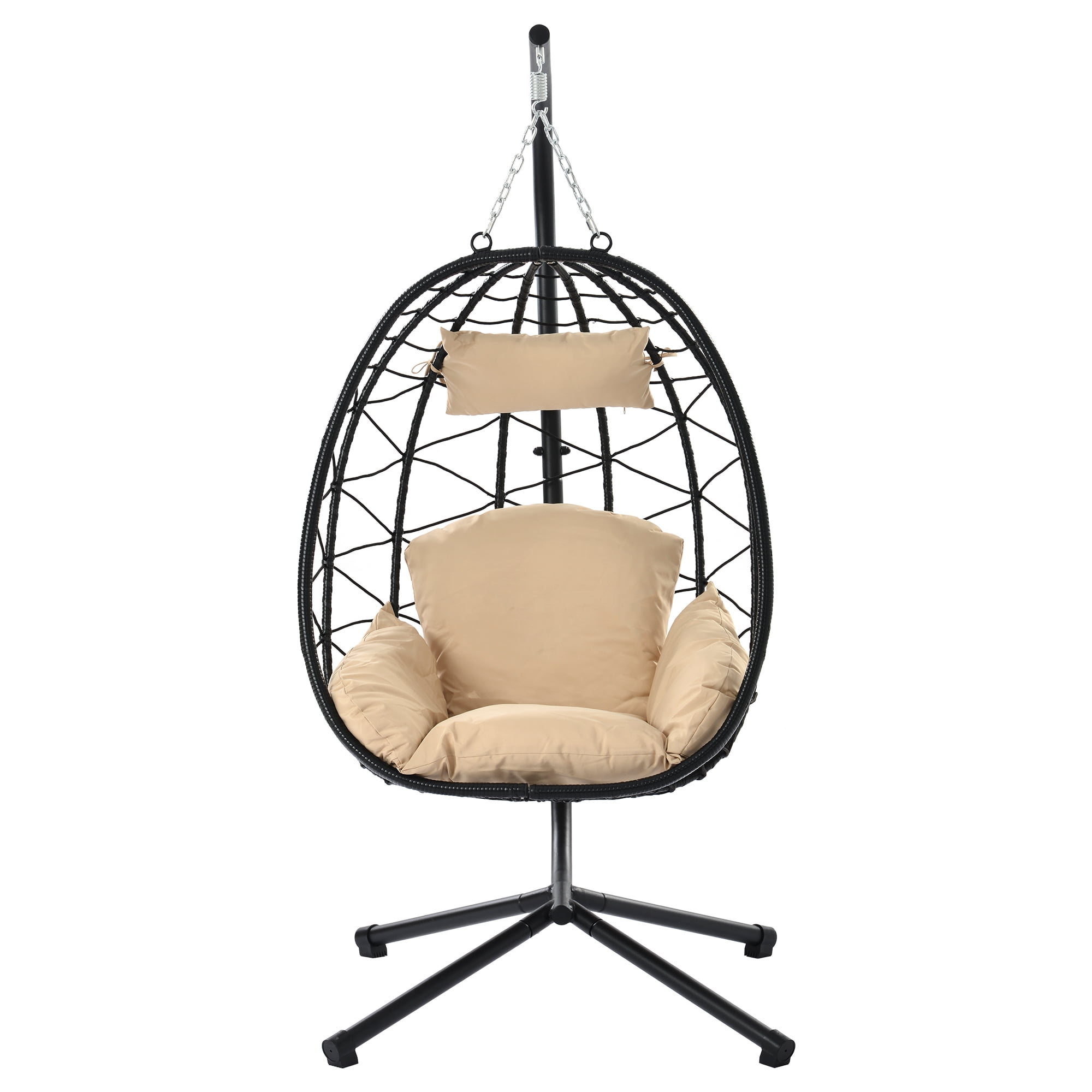 Swing Egg Chair Hammock Chair Hanging Chair with Stand for Indoor Outdoor, Patio Porch Wicker Rattan Chair with Steel Frame and UV Resistant Cushion - Beige