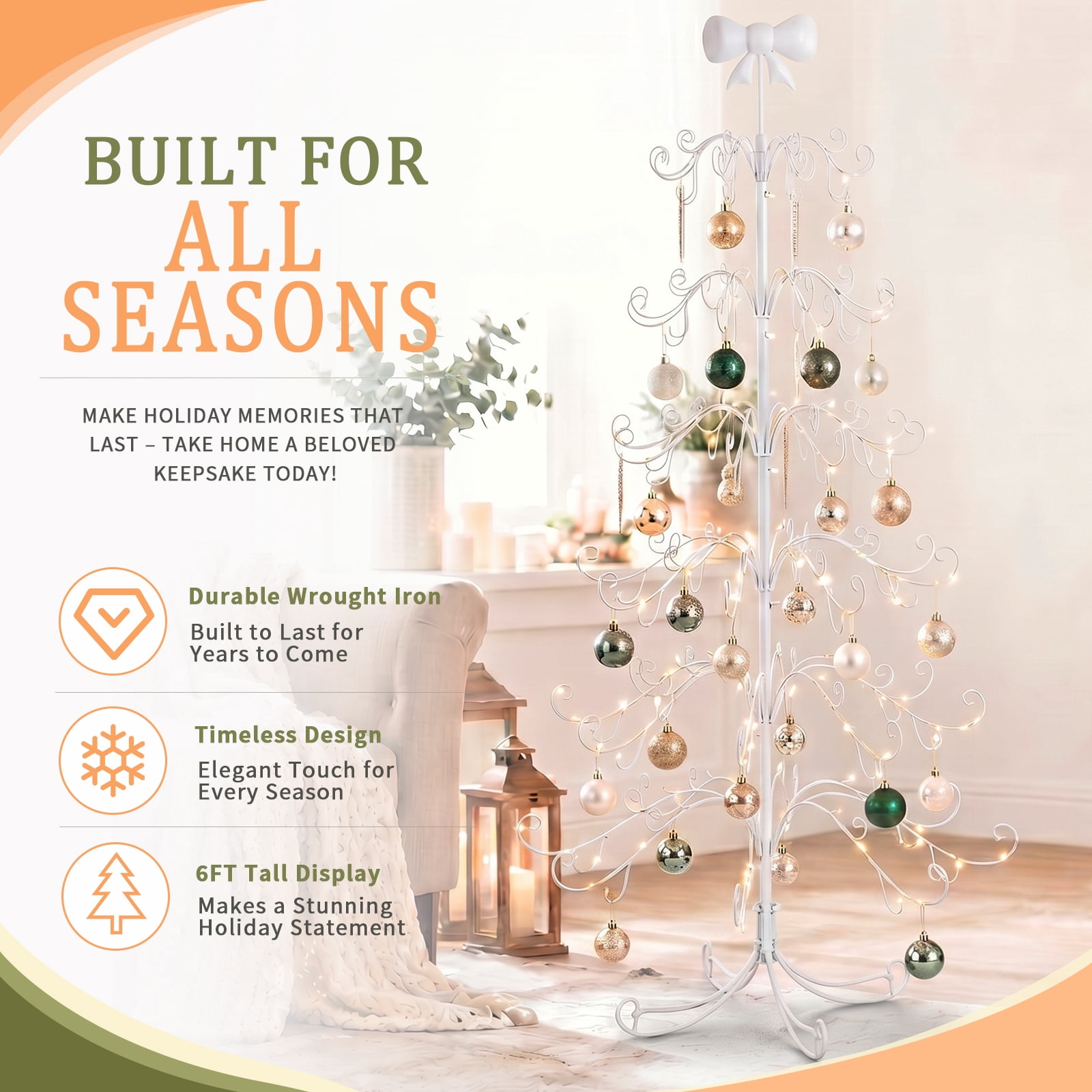 6ft White PVC Metal Artificial Christmas Tree with Bow Topper, No Extra Ornaments, Daily Decor Tree