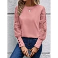 thumbnail image 4 of Women'S Solid Color Long Sleeve Embroidered Lace Stitching Waffle Round Neck Top Pink L, 4 of 8