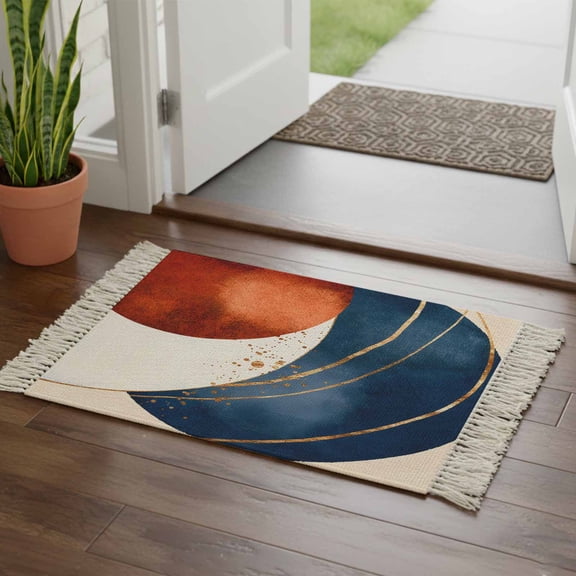 Navy Blue Burnt Orange Bathroom Rug 2'x3', Modern Boho Art Geometric Low Profile Front Entryway Rug with Tassels, Woven Cotton Washable Kitchen Mat Carpet for Foyer Bedroom Back Door Decor