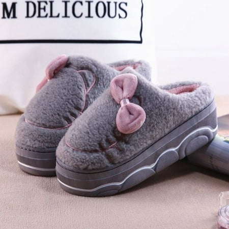 

QWZNDZGR Bowknot Cat Slippers Women s Winter High Heel Mules Girls Fuzzy Home Shoes Fur Clogs Woman Purple Furry Slides Platform Slippers