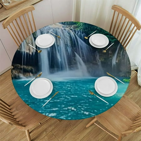 

Sheronv Waterfall Trees Blue Pool Round Table Cover - Stain Resistant Washable for Indoor and Outdoor Use - 100% Polyester Fiber - Waterproof - Perfect for Kitchen Dining Wedding Parties 38 -42