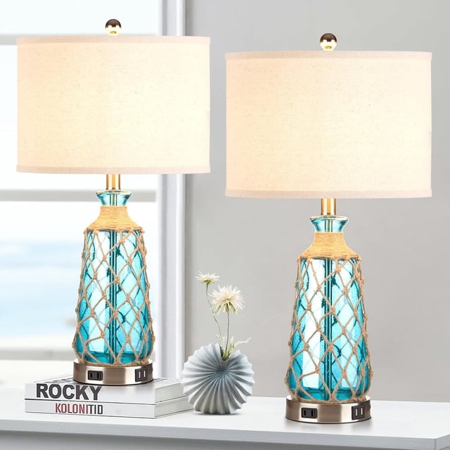 26'' Table Lamps Set of 2, Touch Control, Modern Glass Bedside Lamps 2 USB Ports