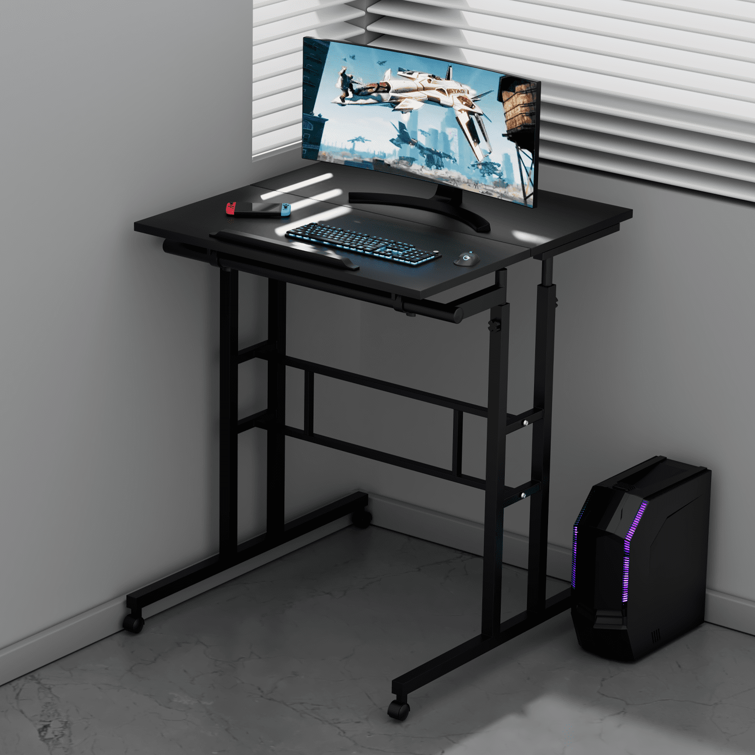 MoNiBloom Mobile Computer Desk with Tilting Table, Adjustable Small Standing Desk with Monitor Shelf for Standing or Sitting, Black