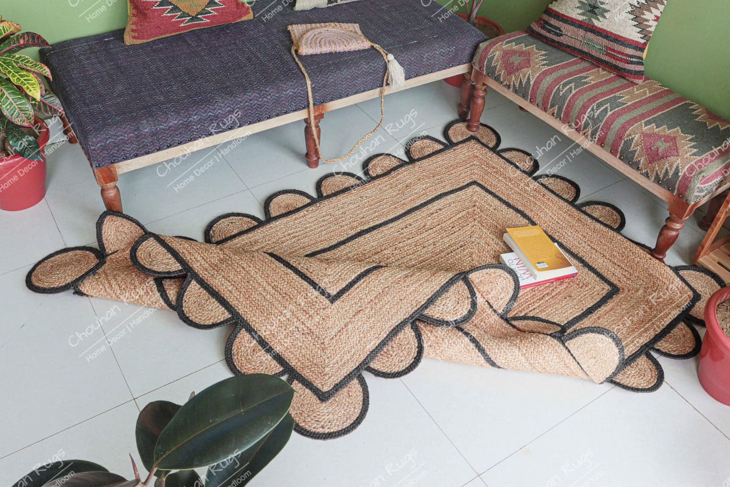 Area Rug Natural Jute Hand Braided Rug Dark Grey Scalloped Runner