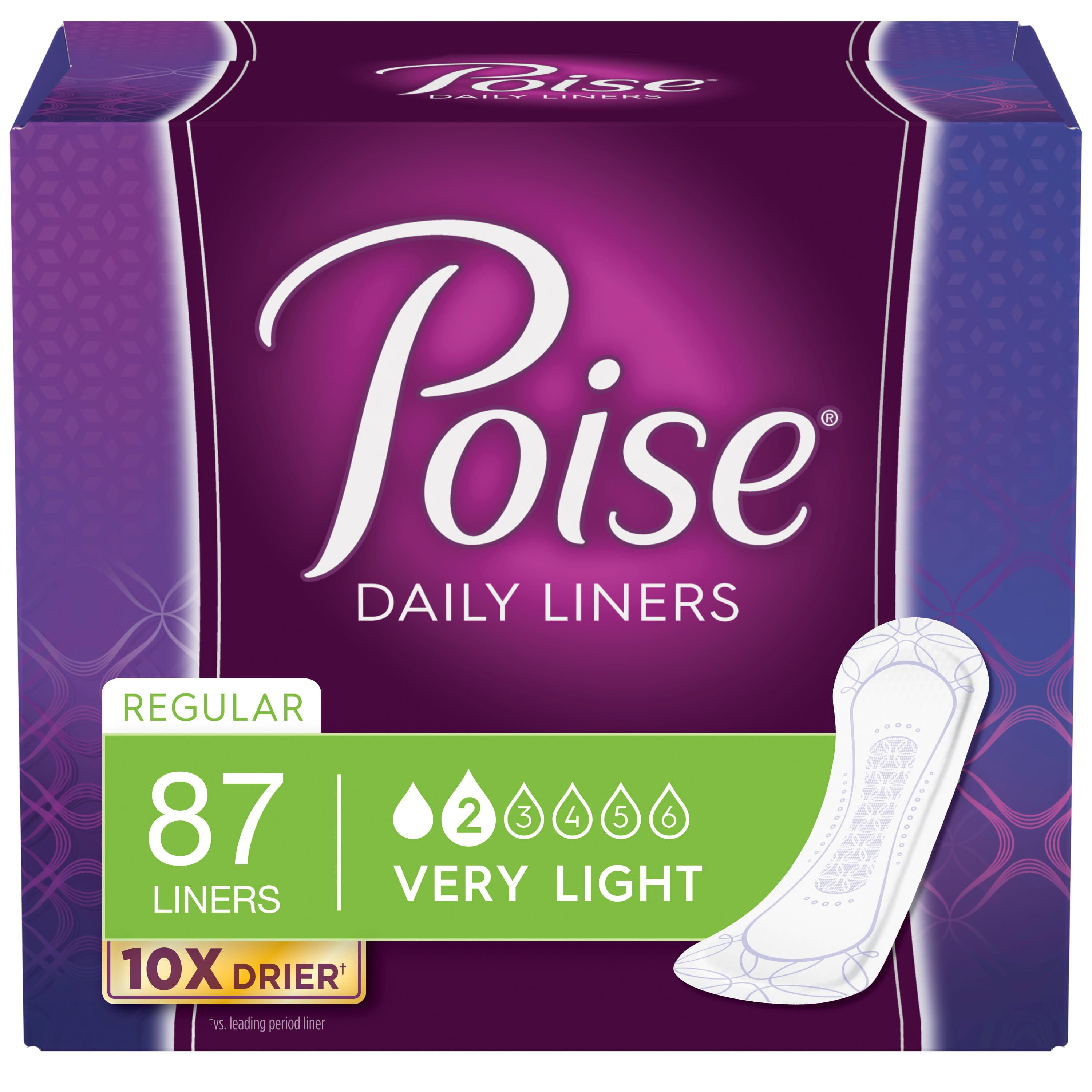 Poise Incontinence Panty Liners, Very Light Absorbency, Regular, 87