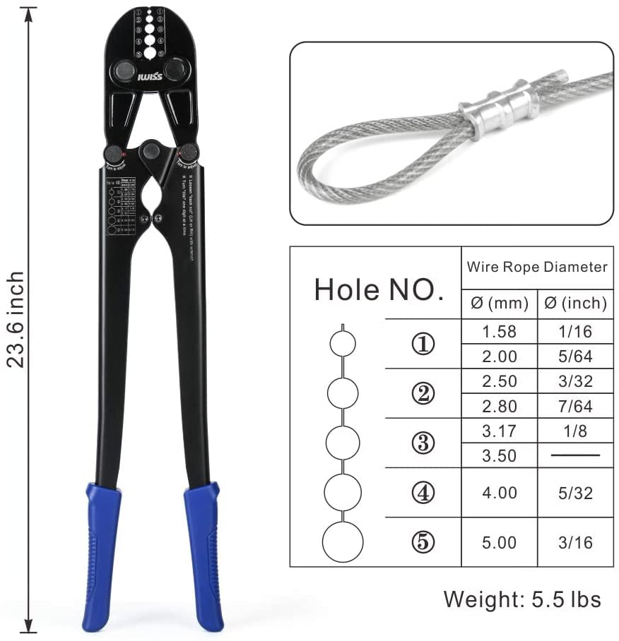 IWISS Hand Swage Wire Rope Crimping Tools for Aluminum Duplex Hourglass Sleeves,