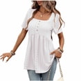 thumbnail image 2 of Mutghys T Shirts for Women Eyelet Embroidery Solid Color Button Front Short Sleeve Tunic Tops Soft Relaxed Lightweight Casual Homewear Summer Vacation Shirts, 2 of 9