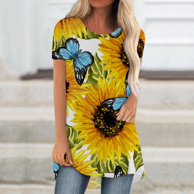 Hauts d'Été Grande Taille Femmes Mode Décontractée Femmes Été Décontracté Col Rond Manches Courtes Imprimé Hauts Blouse T-shirt Col en V T-shirt Femmes en Solde