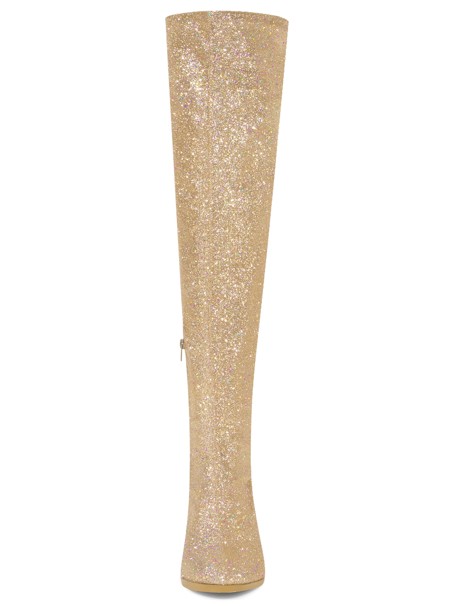 DARING DIVA Women's Glitter Round Toe Chunky Heel Over the Knee High Boots Gold 7.5