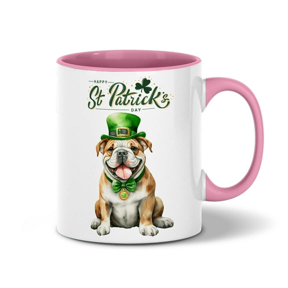 Happy St. Patrick’s Day Bulldog with Green Hat Shamrocks Rainbow 11oz Accent Two-tone Mug Dog Lover Gifts Idea Coffee Tea Cup - 03007