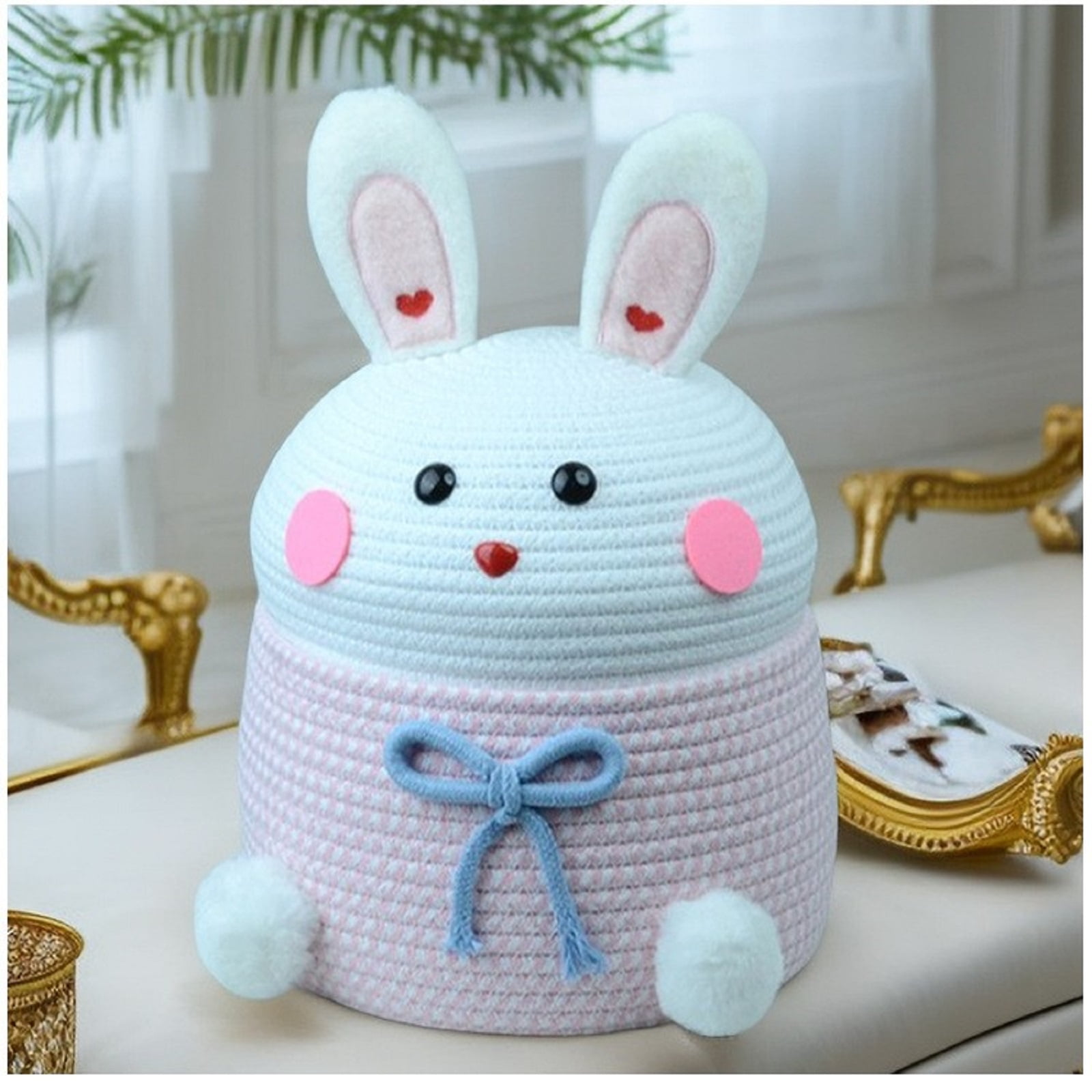 Easter Bunny Ear Cotton Yarn Storage Basket Handmade Knitting Basket for Snacks and Toy Organizer Cute Rabbit Decorative Box for Spring Holiday A