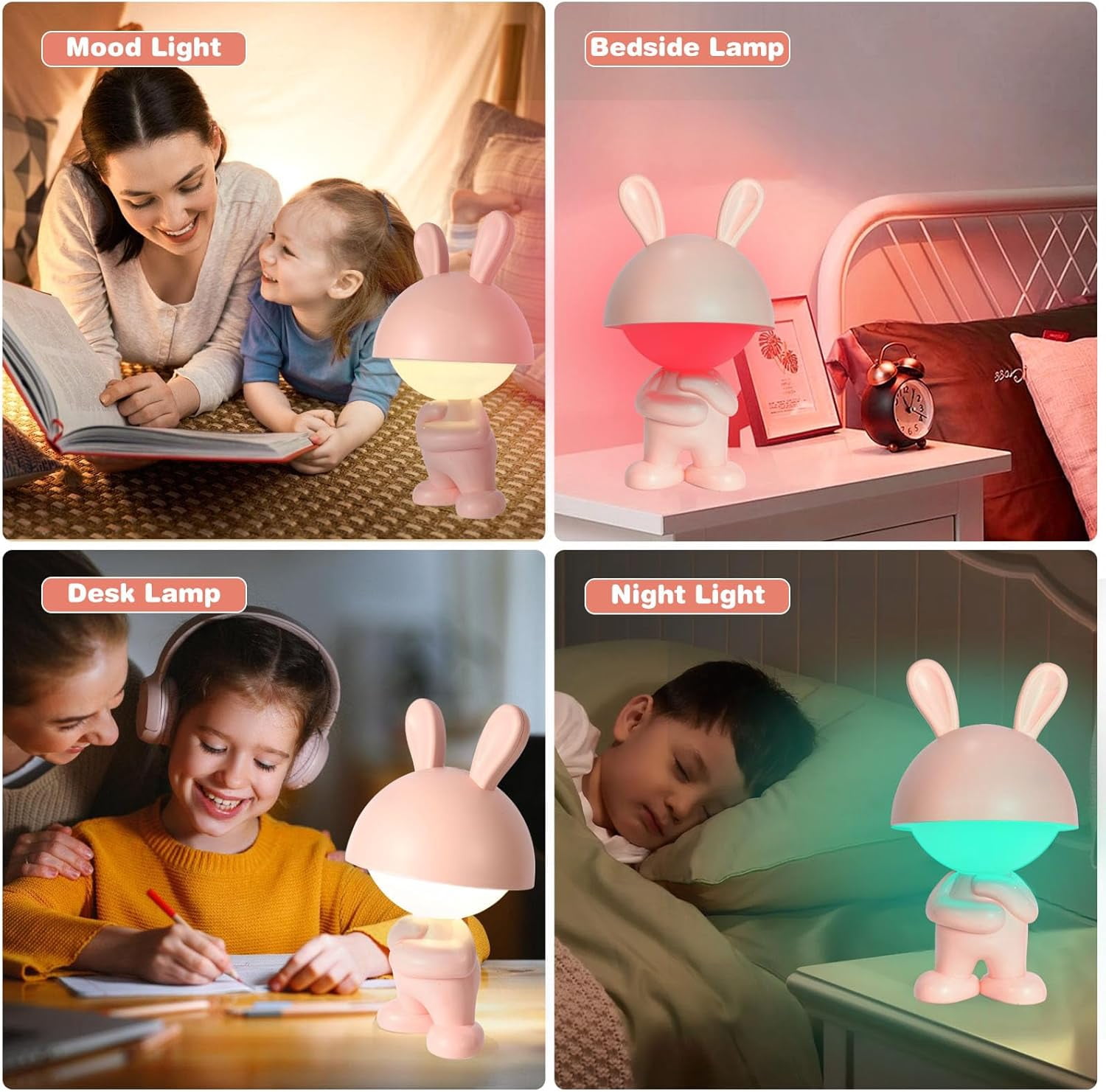 Rechargeable Rabbit Shape LED Dimmable Touch Desk Lamp Reading Night Light Cute Bunny Bedside Lamp (Pink)