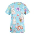 thumbnail image 2 of Jinhomg Holiday Scrubs for Women Cute Bunny Rabbit Graphic Medical Scrub Top Casual Loose Short Sleeve V-Neck Nursing Uniform with Pockets Fall Saving Light Blue M, 2 of 4