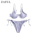 thumbnail image 2 of ZAFUL Women'Swimwear Ribbed Tie Side Underwire Bikini Swimsuit Light Purple L, 2 of 7