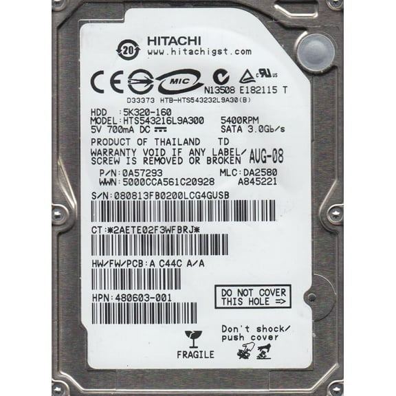 HTS543216L9A300, PN 0A57293, MLC DA2580, Hitachi 160GB SATA 2.5 Hard Drive