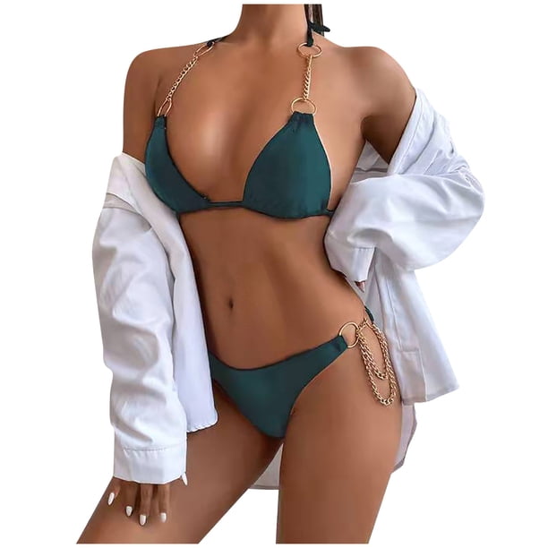 Moda mujer sexy cadena de metal impreso traje de baño vendaje bikini split traje de baño Fridja nalpqowj52055