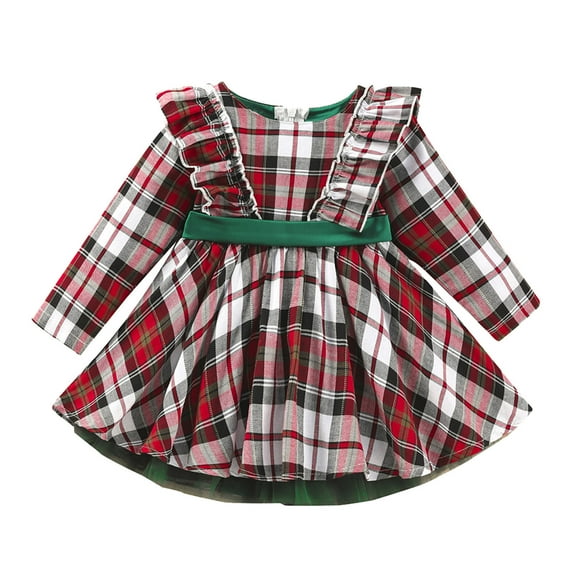 Generic Girls Festive Long Sleeve Dress Toddler Girls Christmas Long Sleeve Plaid Prints Princess Dress Xmas Party Bowknot Ruffles Dresses Children Christmas Ball Gown Dress