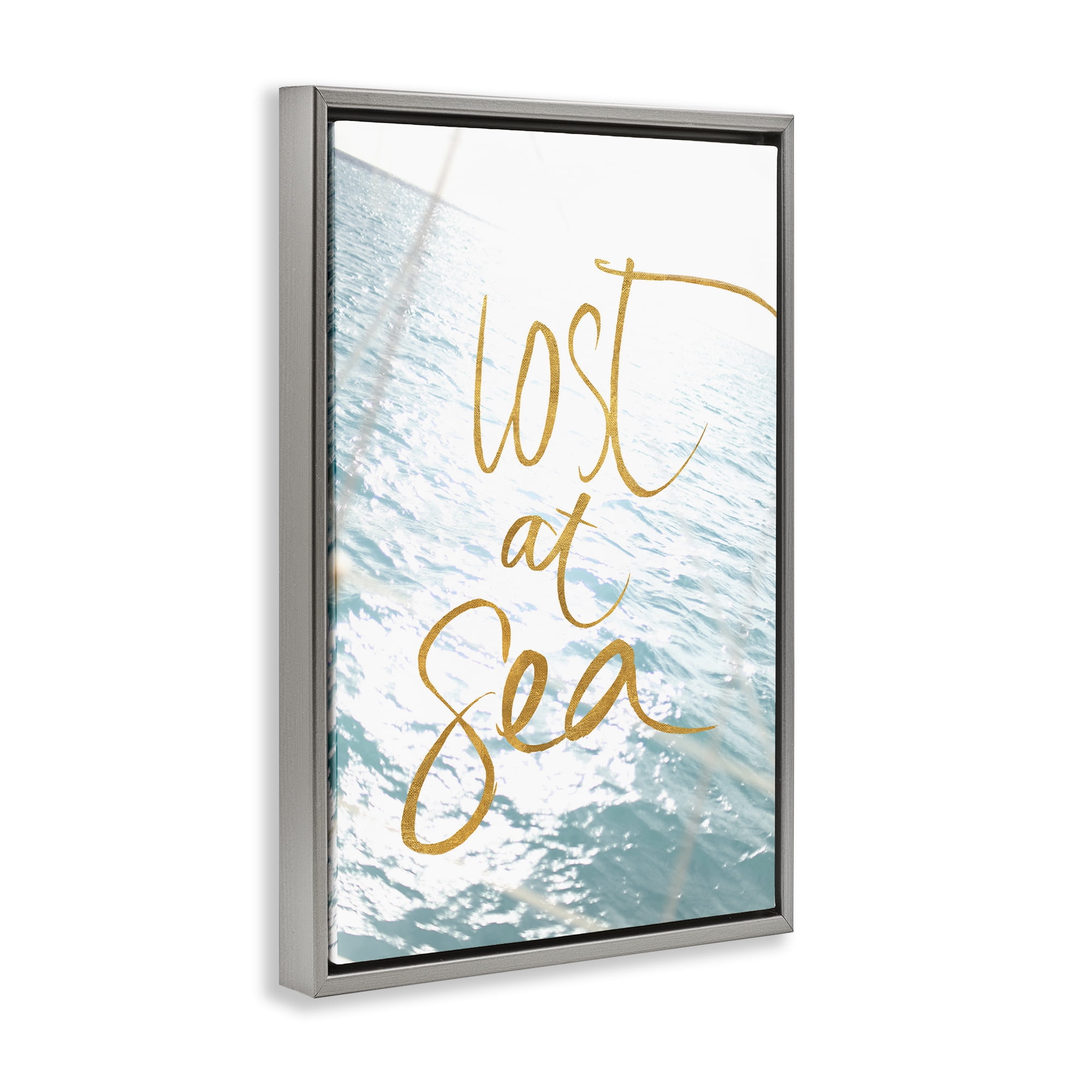 Stupell Industries Lost At Sea Phrase Coastal Painting Gray Floater Framed Canvas Art Print Wall Art, 17 x 25