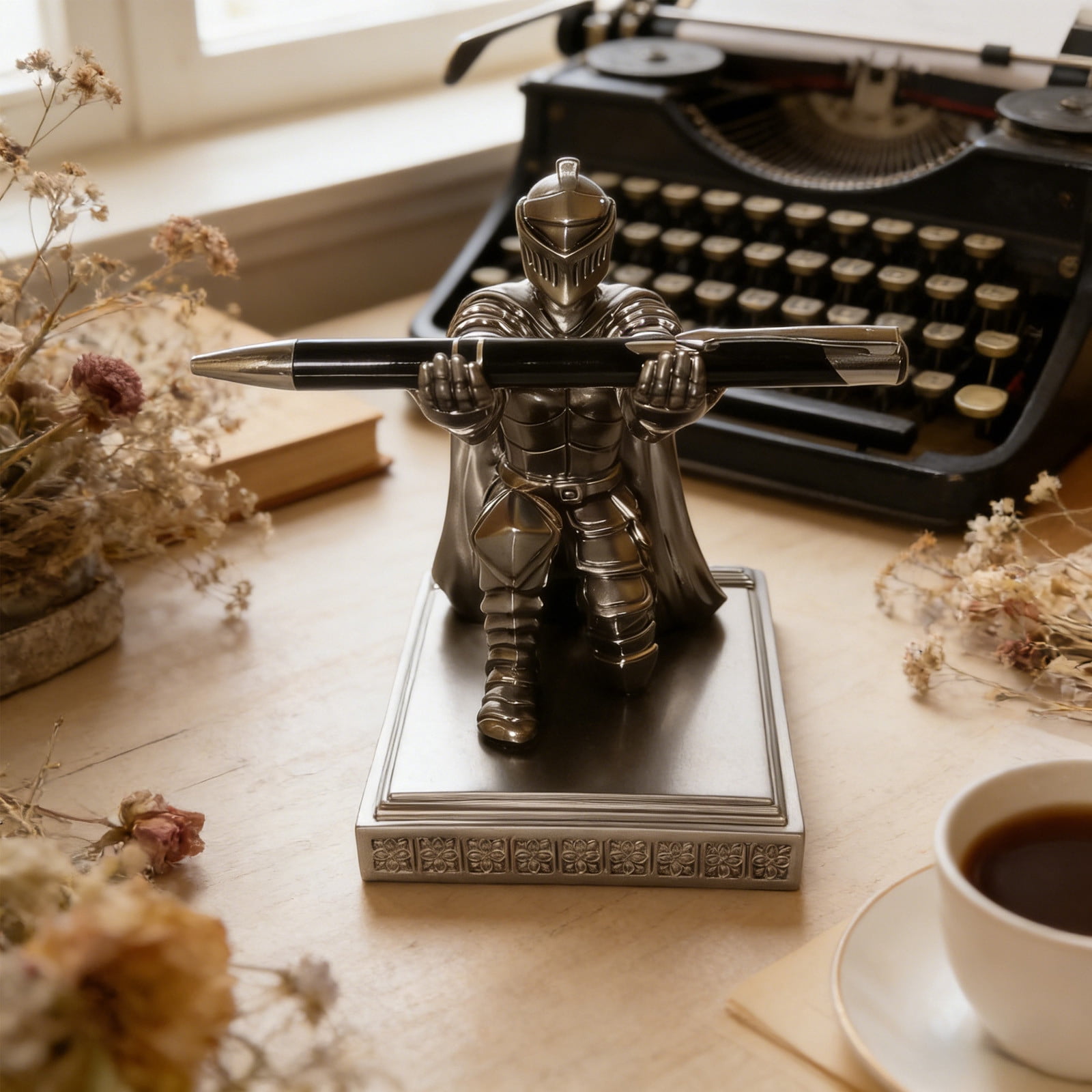 Weloille Medieval Female Knight Pen Holder with Pen, Vintage Style Writing Desk Decor, Decorative Office Accessory for Desk, Home, and Office Use