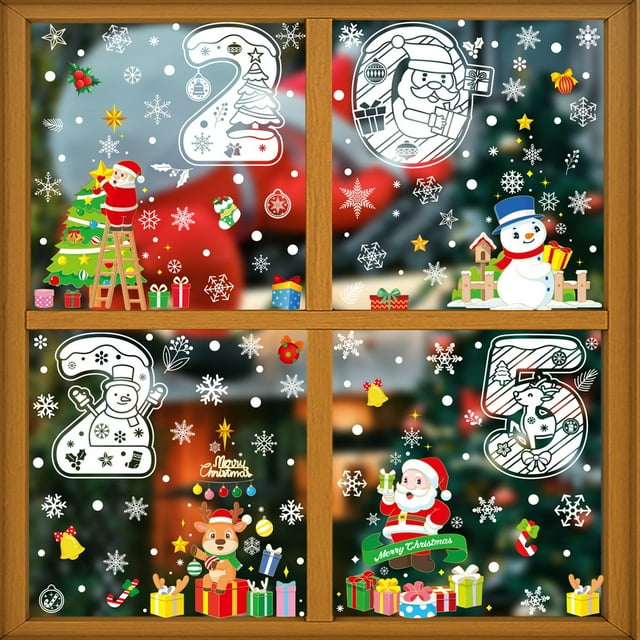 Unbranded 2025 Christmas Window Clings Christmas Decorations Large Santa Claus Christmas Stickers Xmas Tree Snowflake Window Decals Double Side Holiday Christmas Decor Reusable Decals for Glass