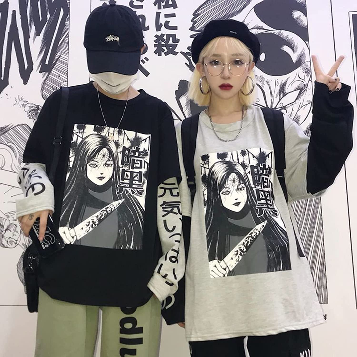 CoCopeaunt Men Y2K Harajuku Hoodie Japanese Anime Manga Print Fake Two Piece  Aesthetic Hooded Sweatshirt Cartoon Street Pullover 